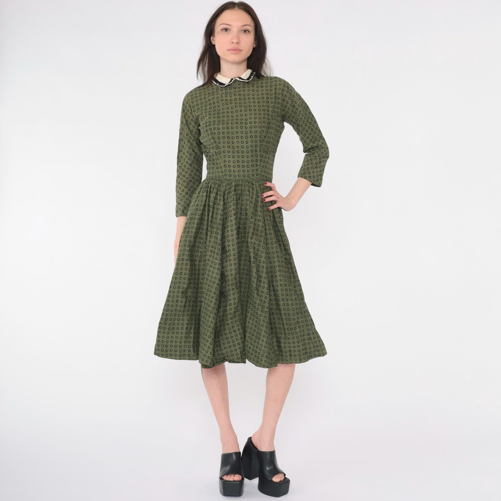 1950s L'Aiglon Fit Flare Dress Olive Green Geometric Peter Pan Collar Midi Extra Small