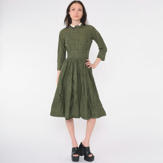 1950s L'Aiglon Fit Flare Dress Olive Green Geometric Peter Pan Collar Midi Extra Small