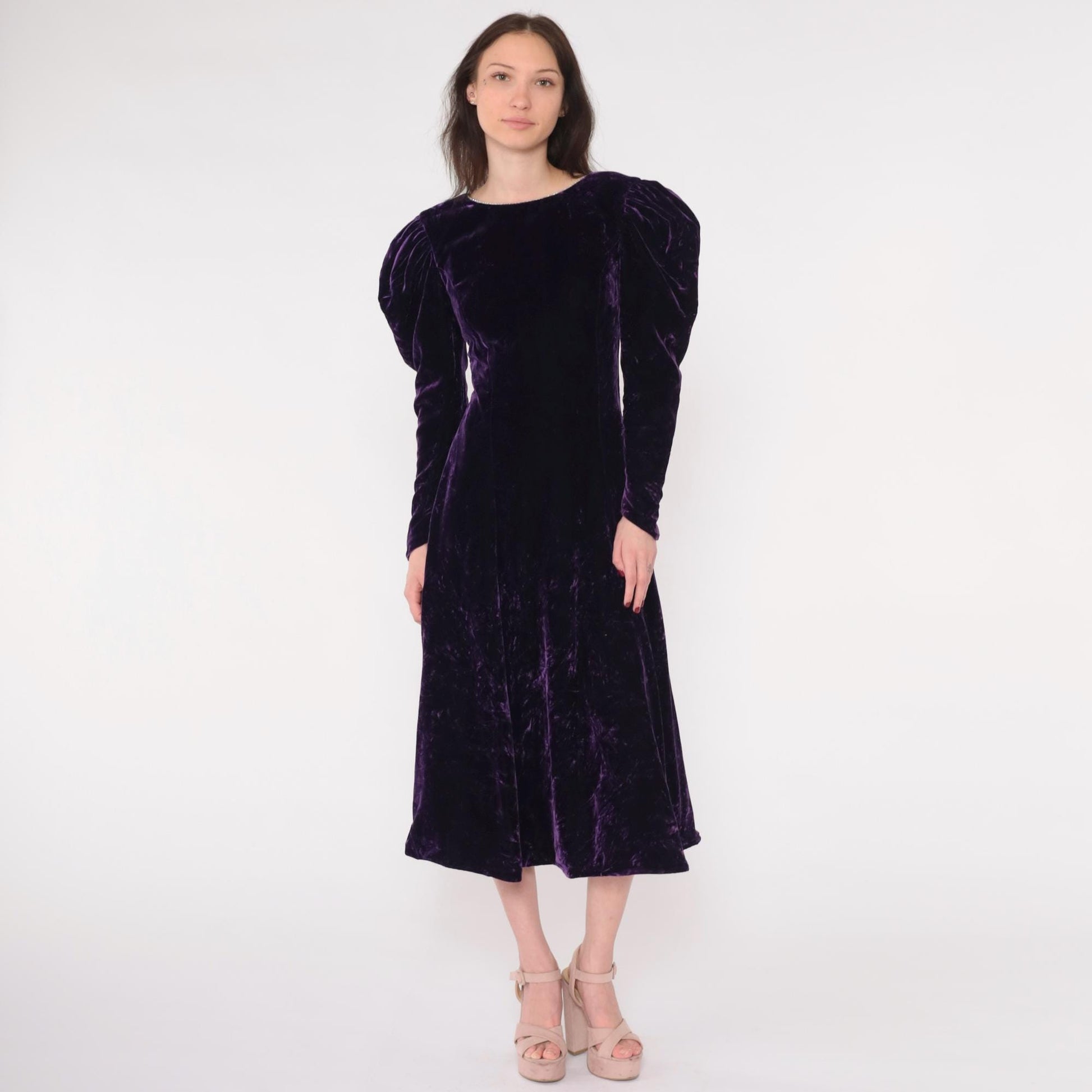 80s Purple Velvet Midi Dress Puff Sleeve A-Line Rhinestone V-Back Extra Small