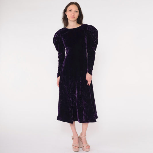 80s Purple Velvet Midi Dress Puff Sleeve A-Line Rhinestone V-Back Extra Small