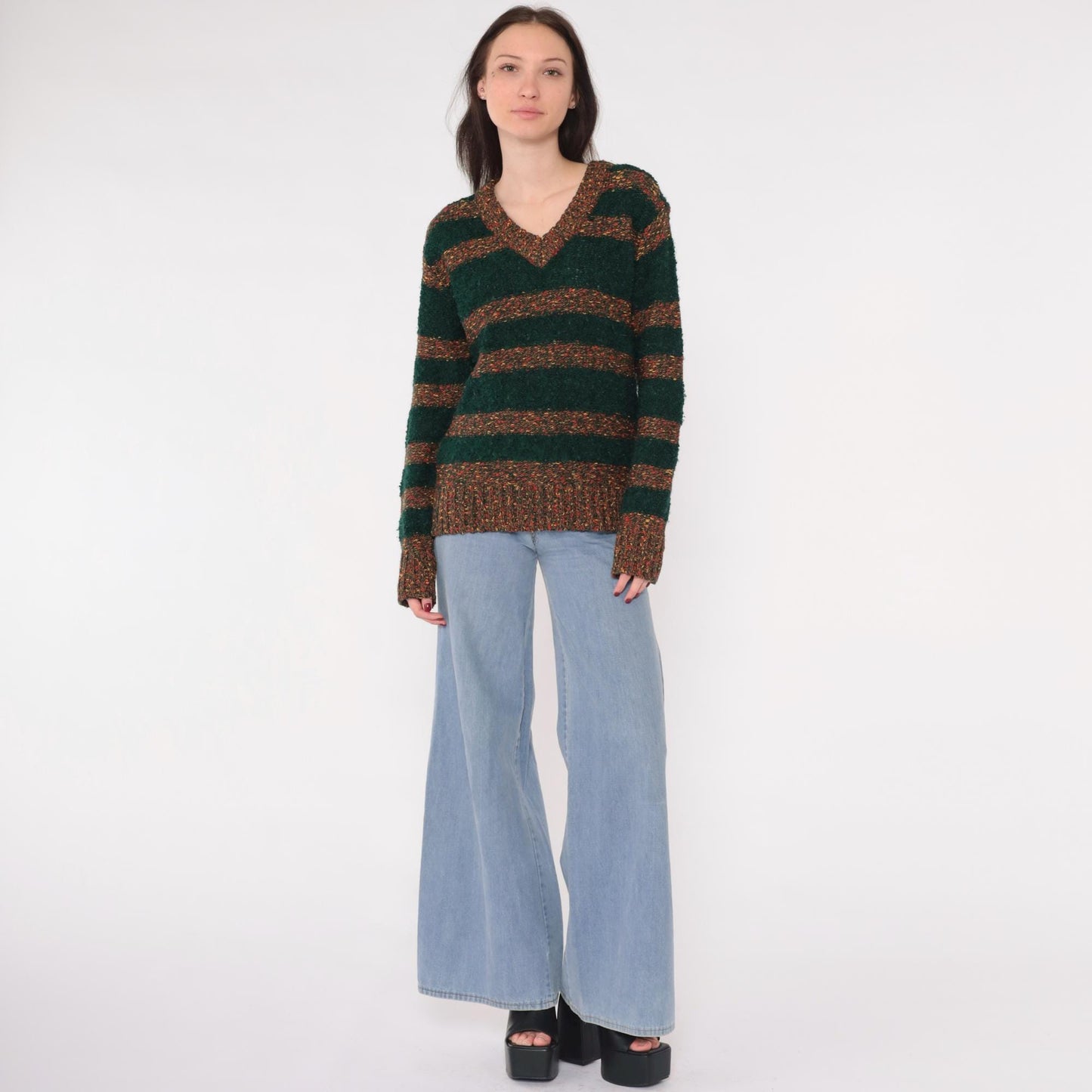 80s Left Bank Forest Green Striped Slub Knit Sweater V-Neck Medium M