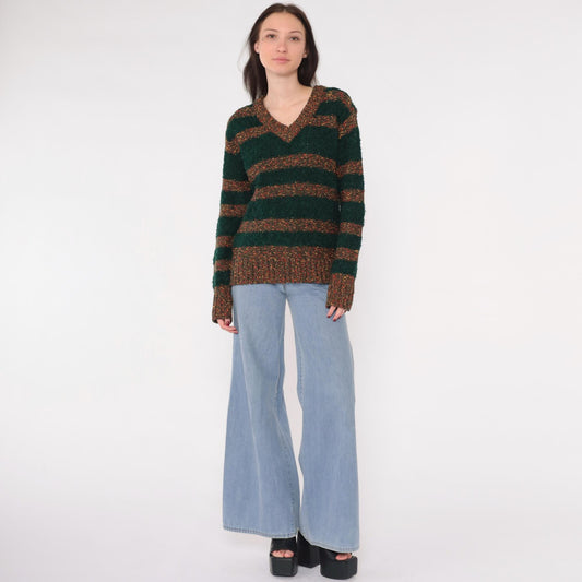 80s Left Bank Forest Green Striped Slub Knit Sweater V-Neck Medium M