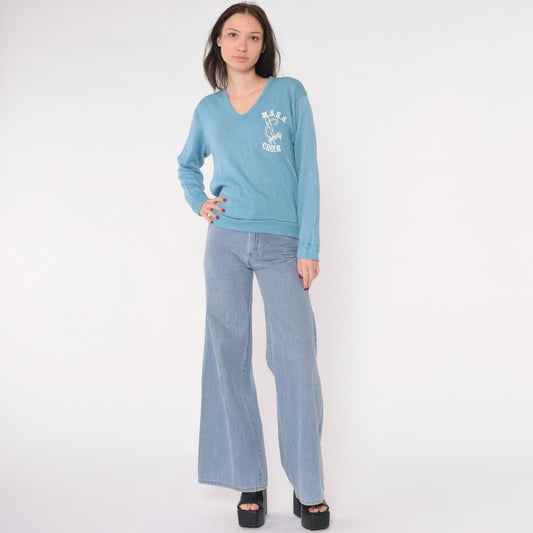 80s MSHS Choir V-Neck Sweater Light Blue Graphic Knit Pullover Small