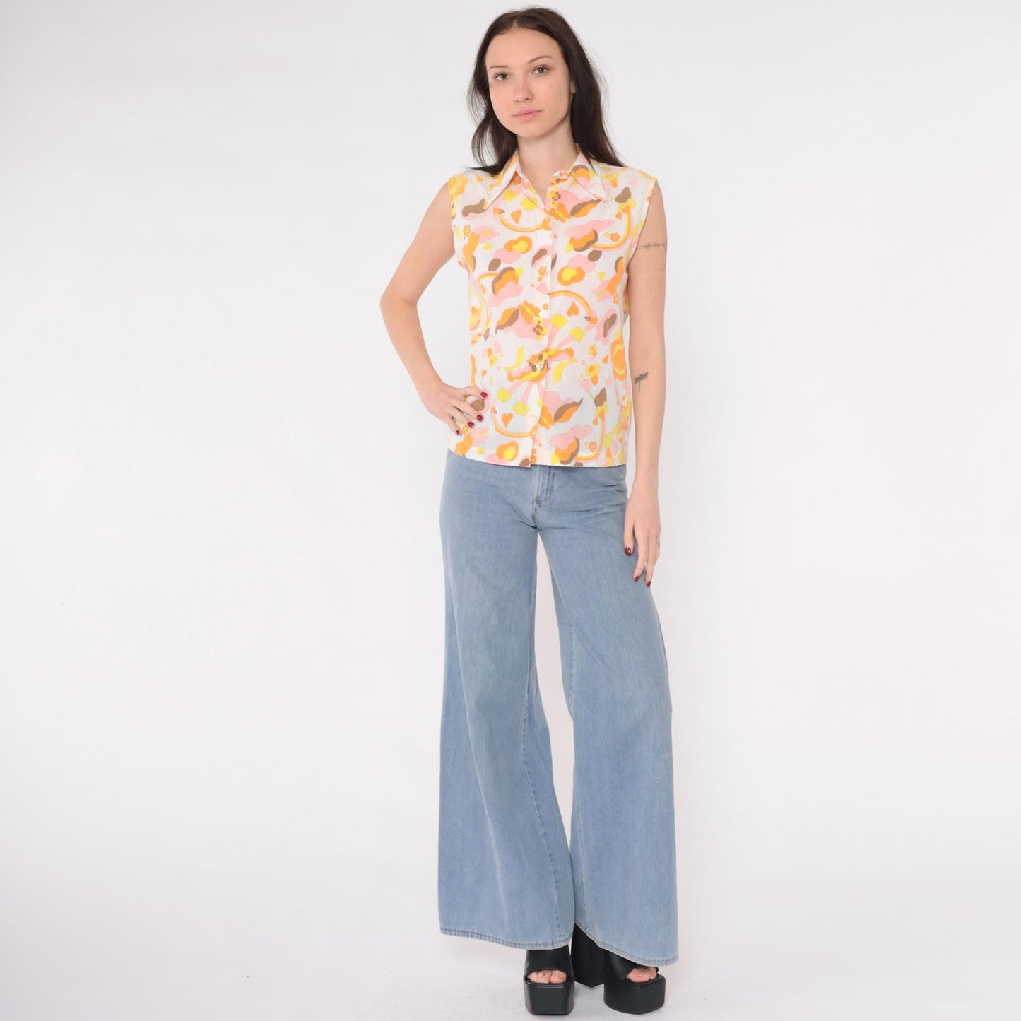 70s Rainbow Heart Floral Butterfly Sleeveless Blouse Dagger Collar White Small
