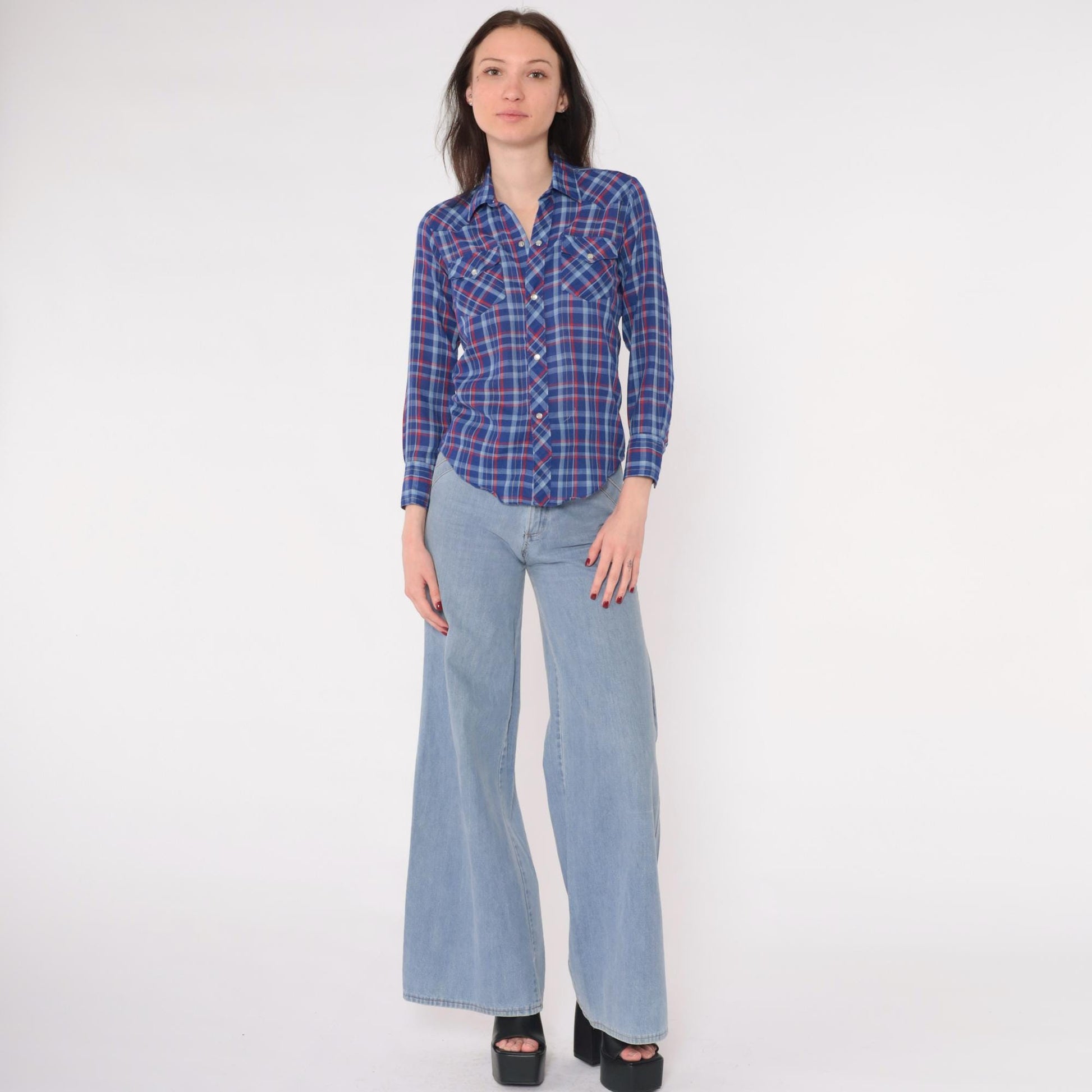 80s Royal Blue Red Plaid Western Shirt Pearl Snap Long Sleeve Extra Small XS