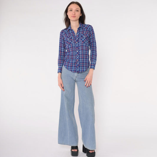 80s Royal Blue Red Plaid Western Shirt Pearl Snap Long Sleeve Extra Small XS