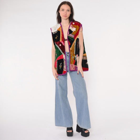 70s Velvet Patchwork Vest Embroidered Floral Bird Lace Trim Red Black Medium Large