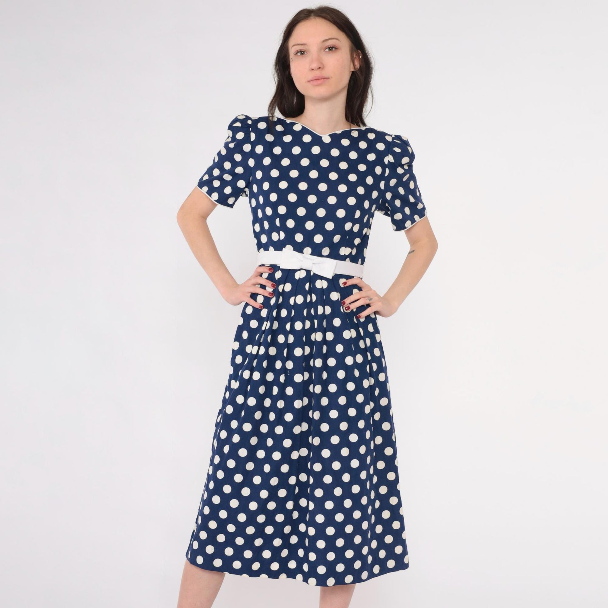 80s Lanz Originals Polka Dot Midi Dress Puff Sleeve Navy Bow Waist Extra Small