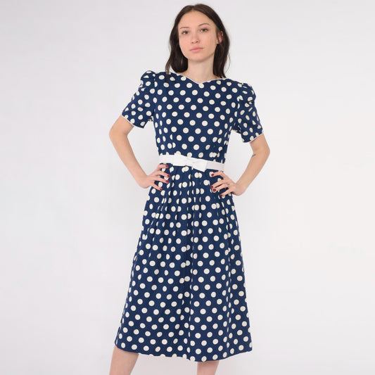 80s Lanz Originals Polka Dot Midi Dress Puff Sleeve Navy Bow Waist Extra Small