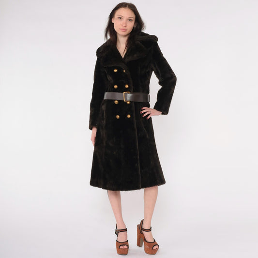70s Brown Faux Fur Coat Double Breasted with Belt Small S