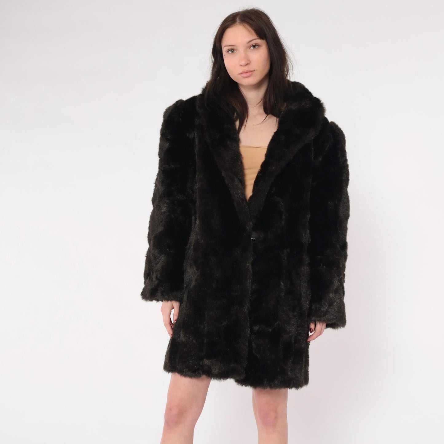 70s Dark Brown Faux Fur Coat Single Button Vintage Seventies Large L