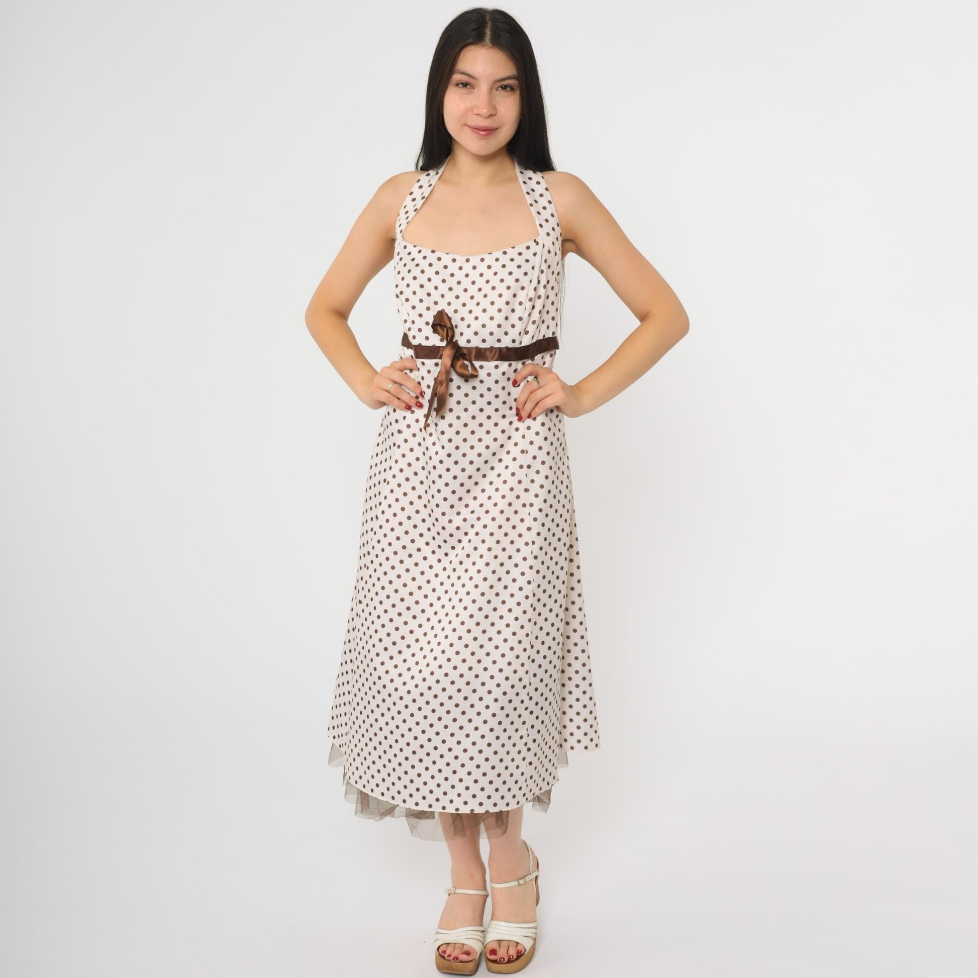 Y2K White Polka Dot Halter Midi Dress Brown Ribbon Bow Empire Waist Large 14