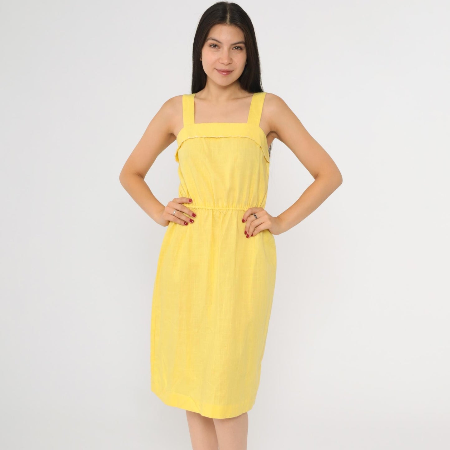 80s Yellow Sleeveless Midi Dress High Waist Square Neck Small S