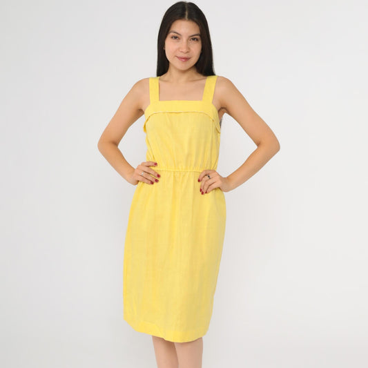 80s Yellow Sleeveless Midi Dress High Waist Square Neck Small S