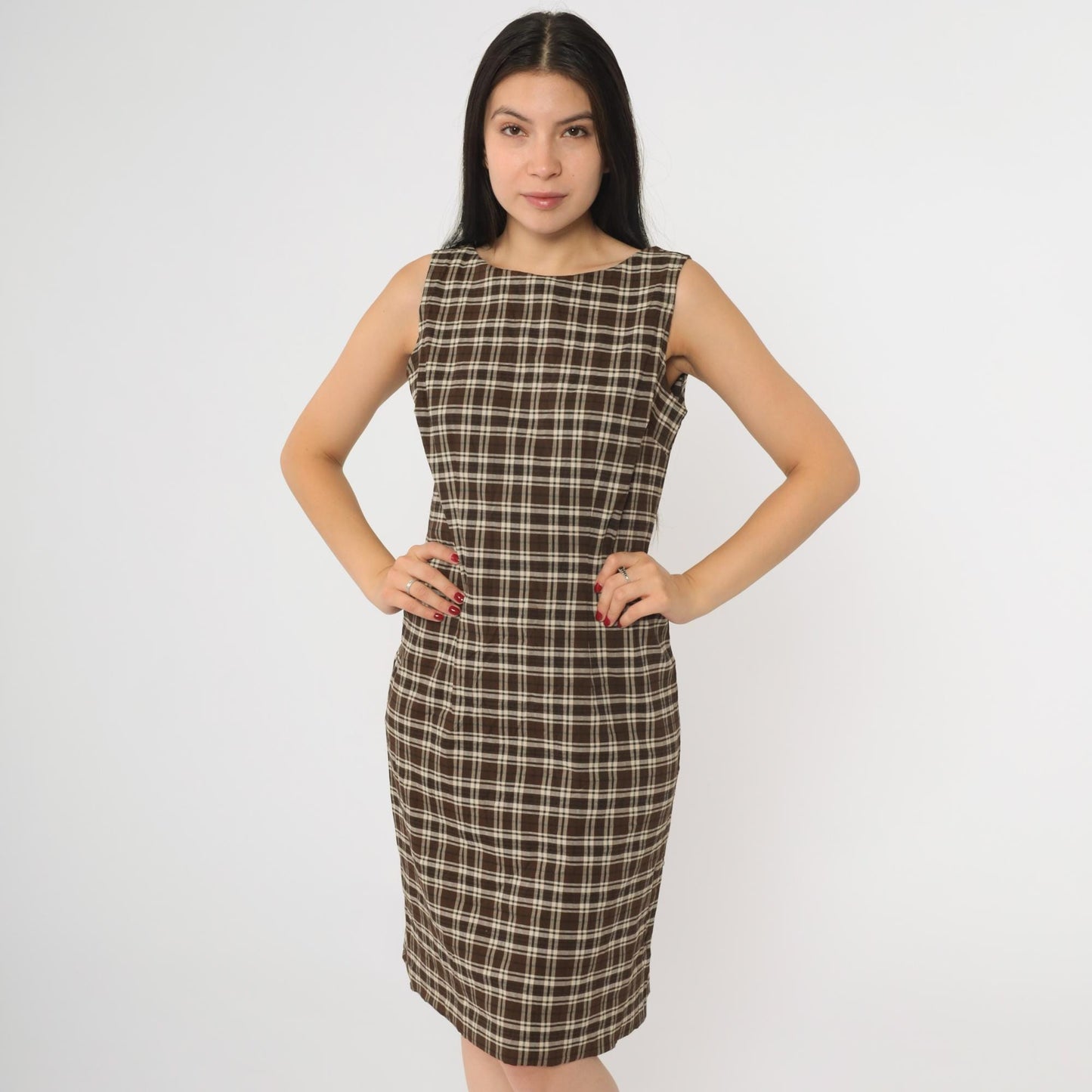 Y2K Brown Plaid Sheath Dress Sleeveless Scoop Back Knee Length Small 5