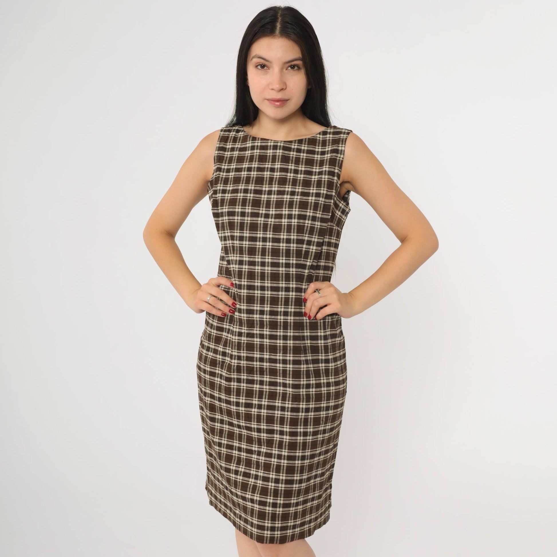 Y2K Brown Plaid Sheath Dress Sleeveless Scoop Back Knee Length Small 5