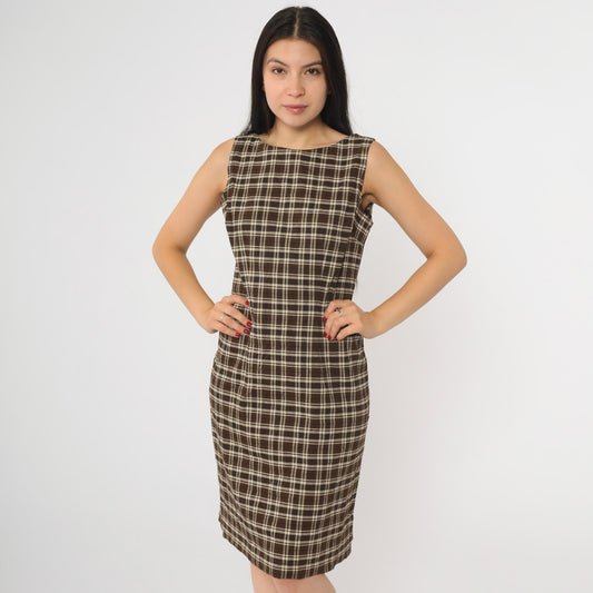 Y2K Brown Plaid Sheath Dress Sleeveless Scoop Back Knee Length Small 5