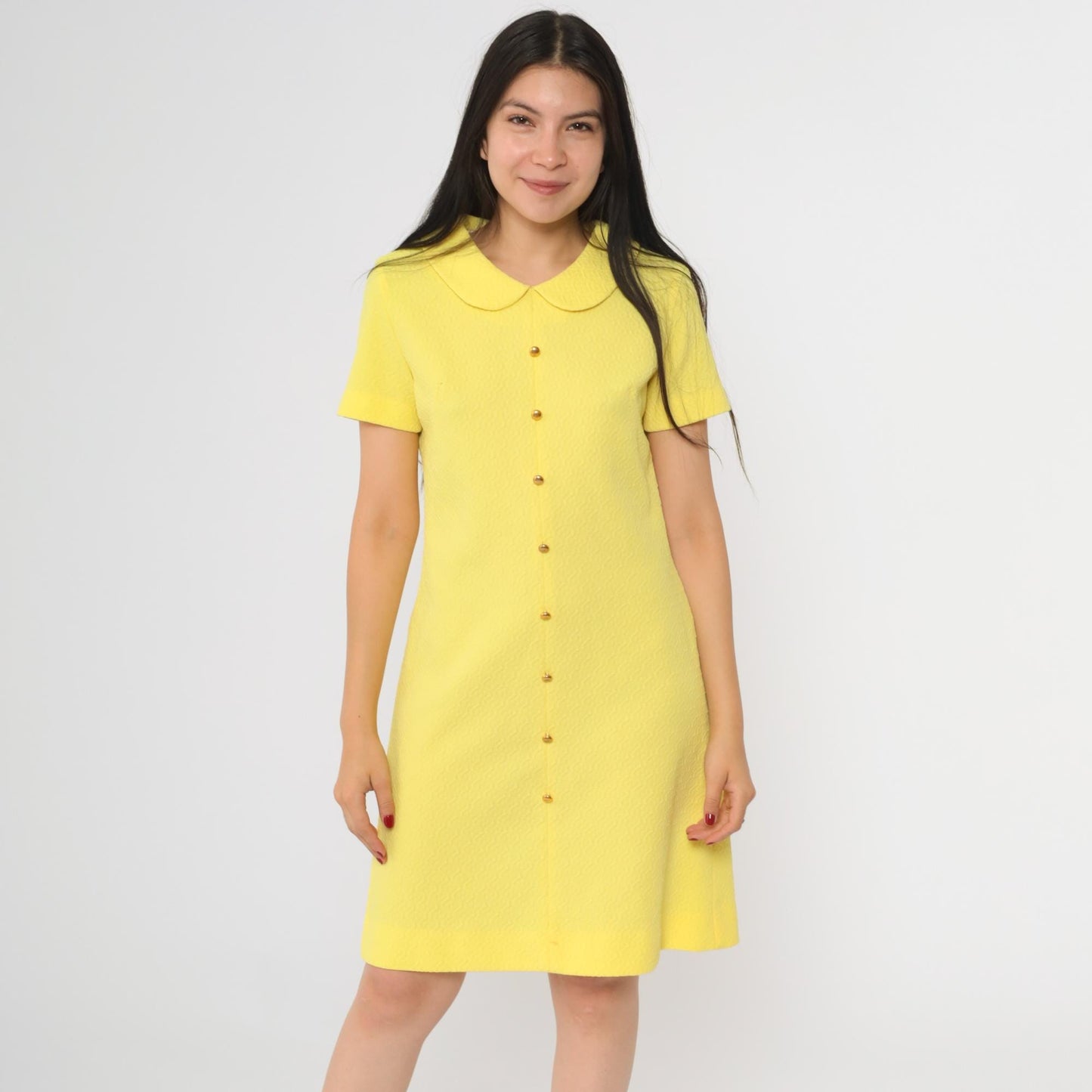 60s Yellow Shift Dress Peter Pan Collar Mini Length Short Sleeve Small