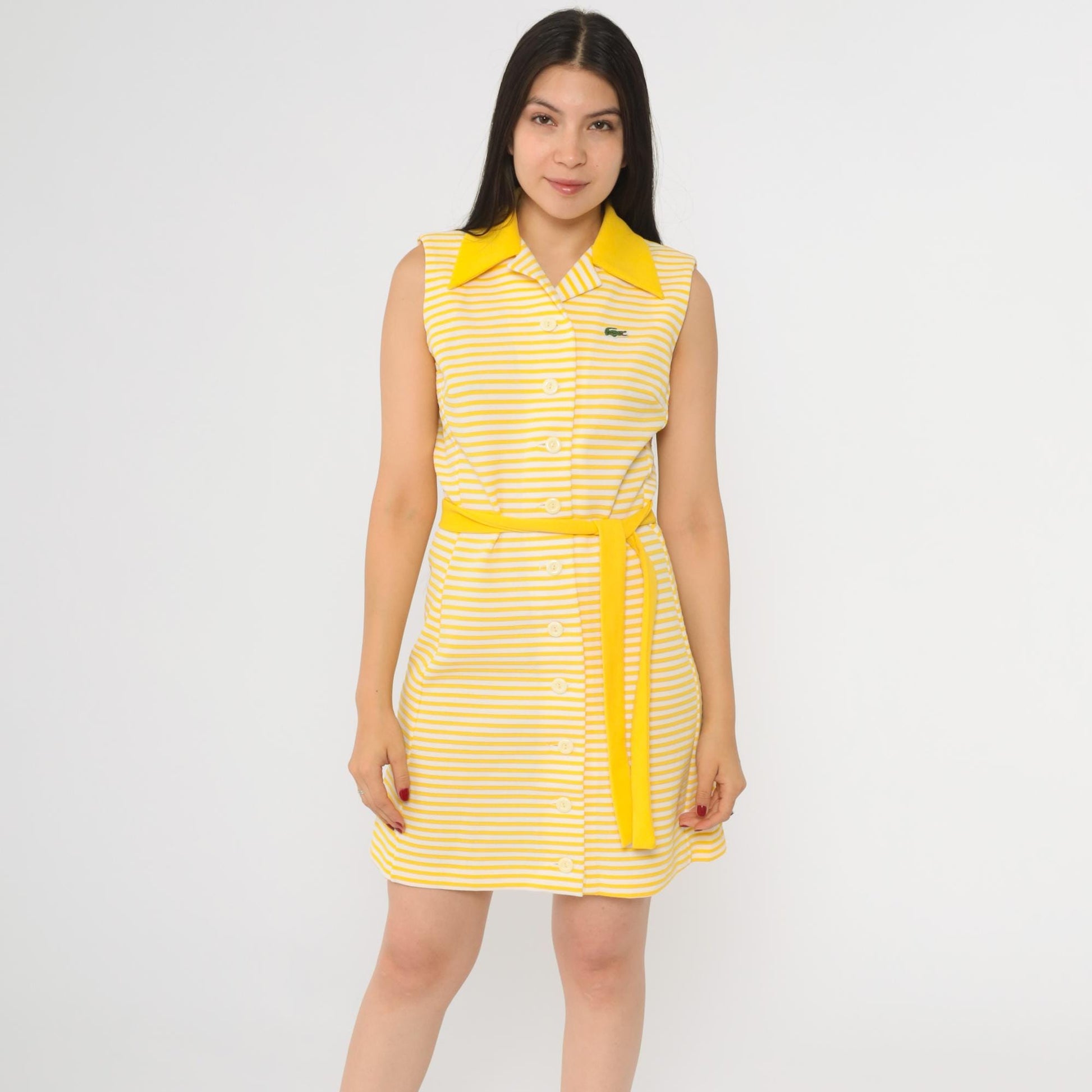 60s Chemise Lacoste Yellow Striped Shift Mini Dress Crocodile Logo Small