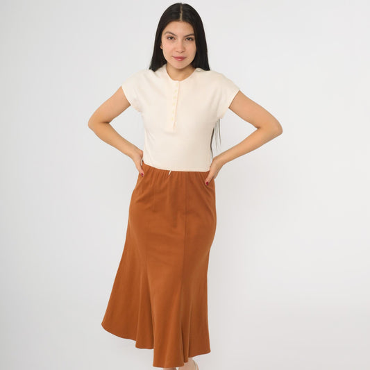 80s Cream Burnt Orange Knit Midi Shirtdress Button Up Cap Sleeve Extra Small