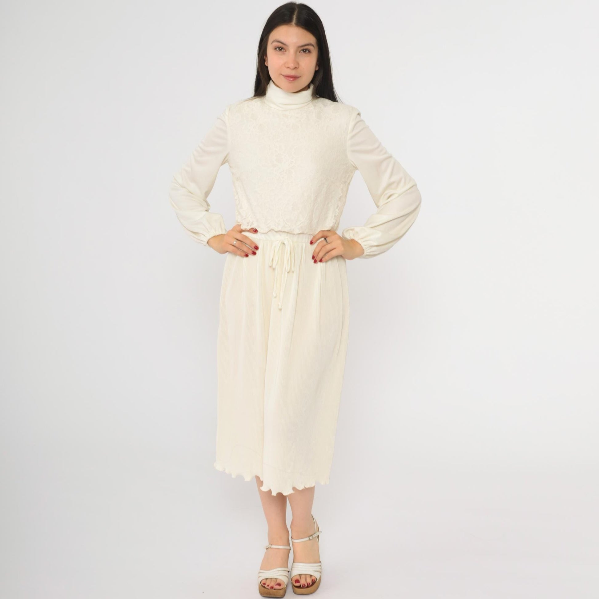 70s Cream Lace Midi Dress Turtleneck Pleated High Waist Long Sleeve Small S