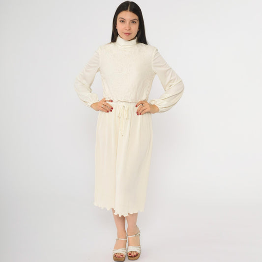 70s Cream Lace Midi Dress Turtleneck Pleated High Waist Long Sleeve Small S