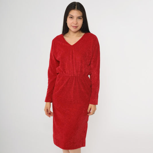 70s Red Terrycloth Midi Dress Dolman Sleeve V-Neck High Waist Small S