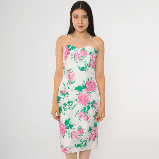 80s White Floral Sweetheart Midi Dress Pink Green Bow Back Small