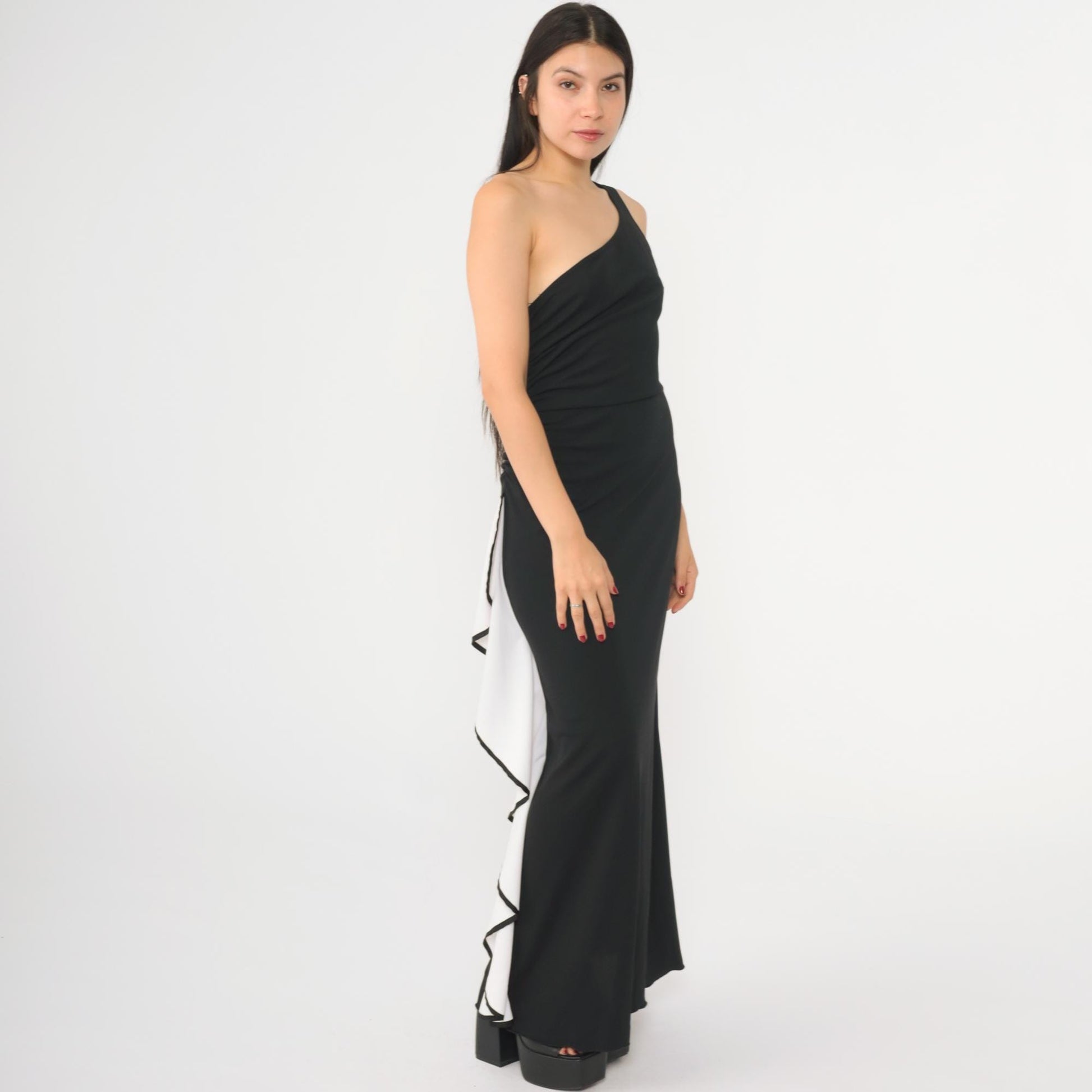 Y2K Black One-Shoulder Maxi Dress White Ruffled Column Bodycon Small