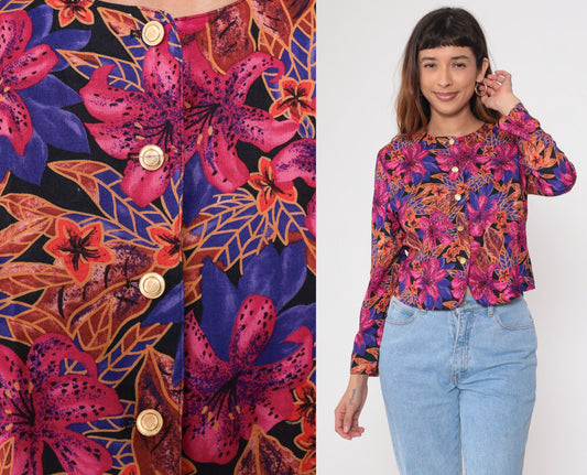 80s Norton McNaughton Tropical Floral Button-Up Blouse Fuchsia Small