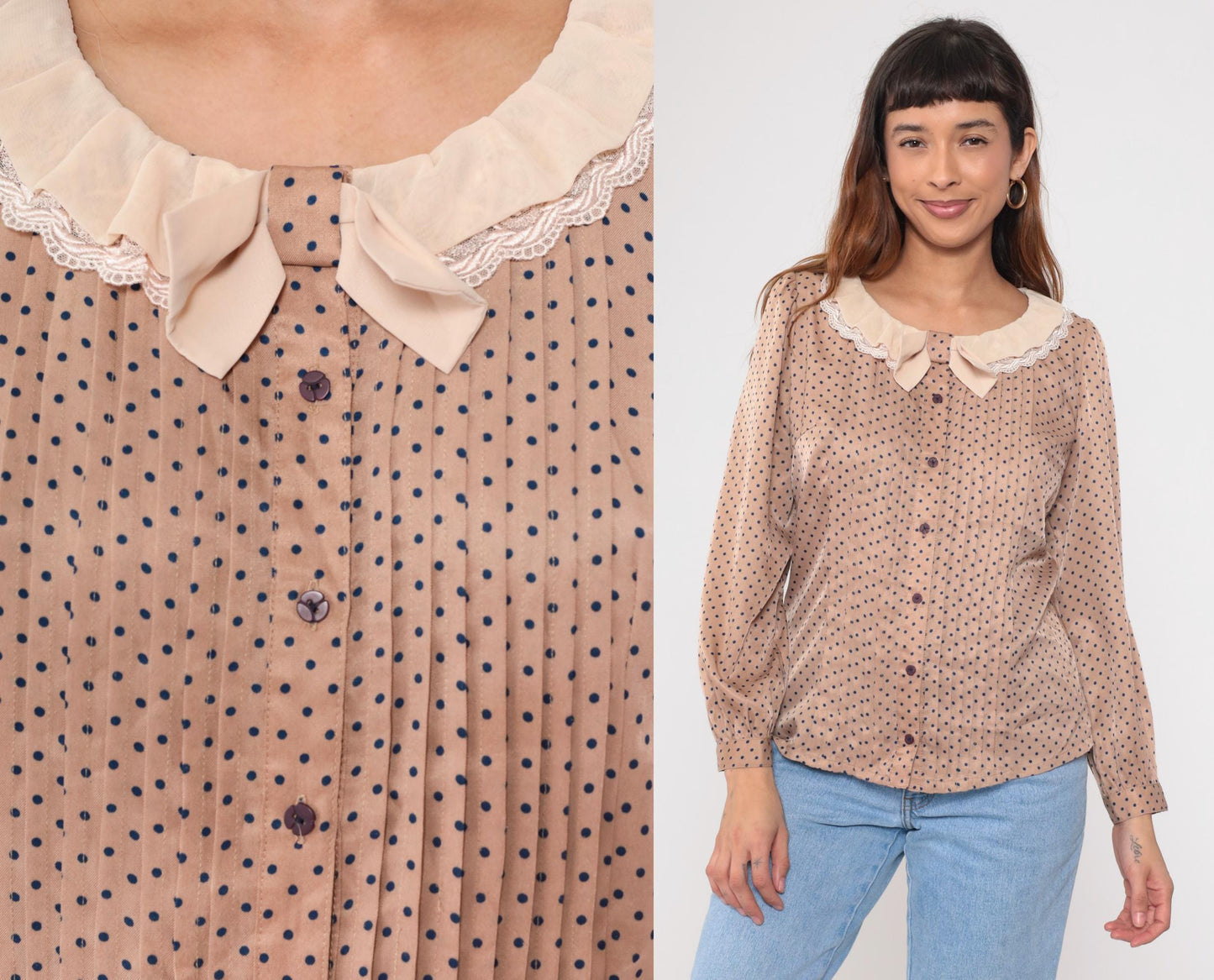 Y2K Beige Polka Dot Blouse Navy Ruffled Collar Lace Trim Button Up Large L