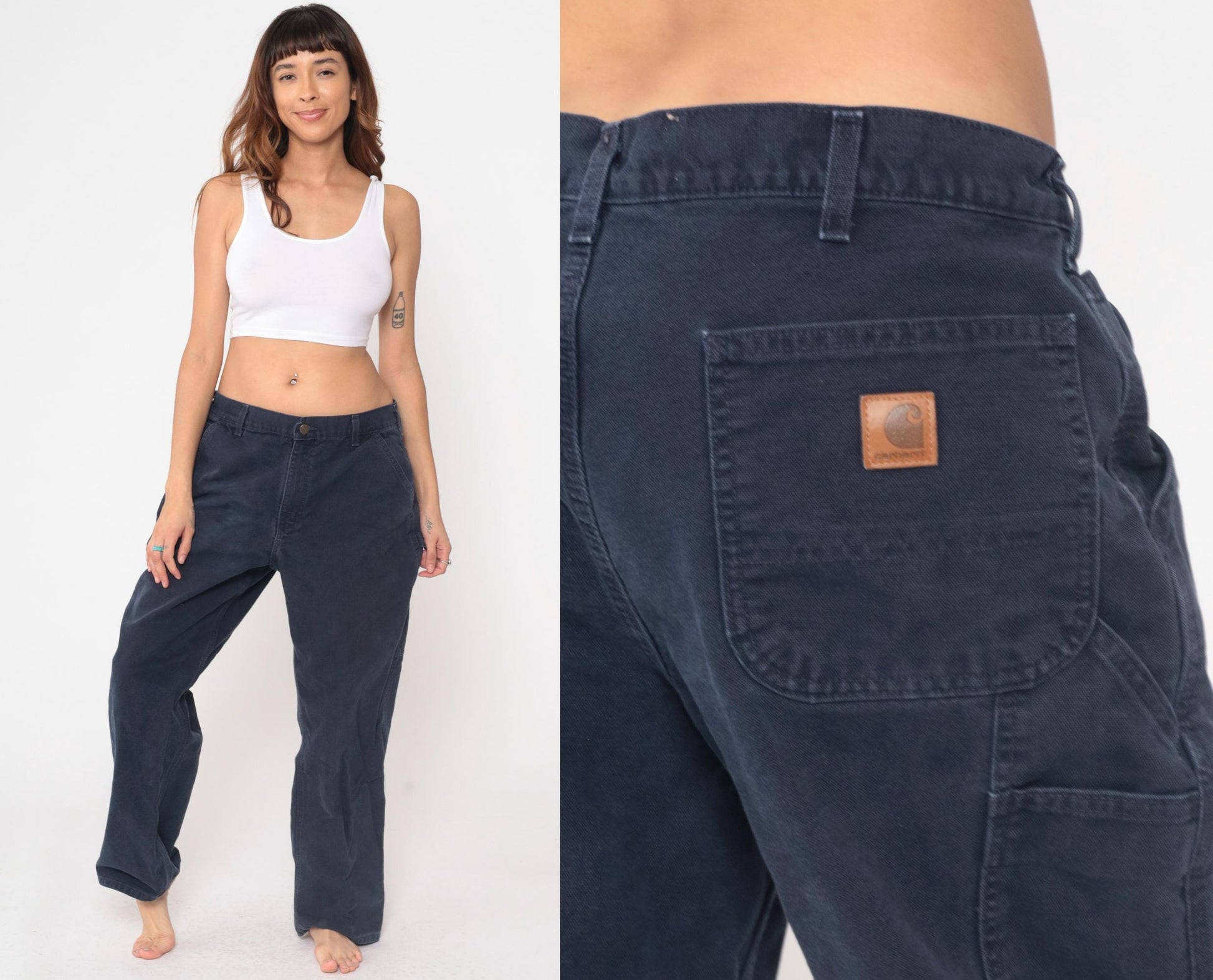 Y2K Carhartt Navy Utility Straight Leg Work Pants Hammer Loop 36x30