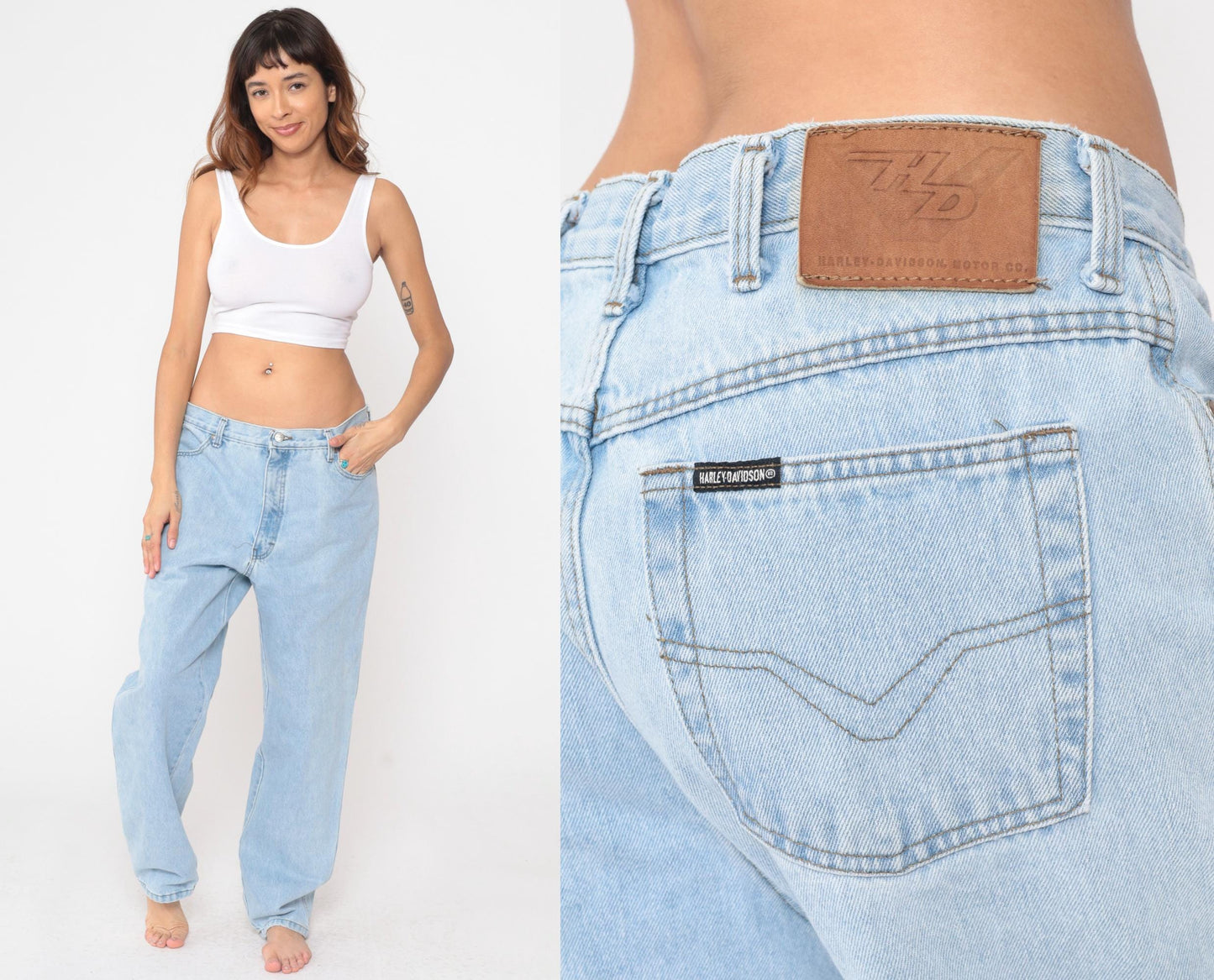 90s Harley Davidson Biker Blues Light Wash Jeans High Waist Straight Leg Large L