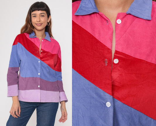 70s Corduroy Color Block Button Up Blouse Pink Purple Red Long Sleeve Large L