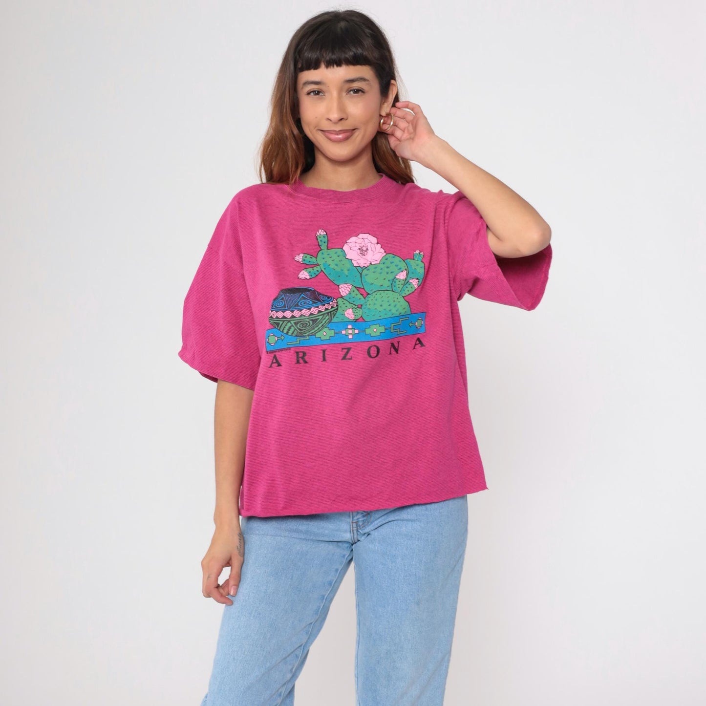 90s Arizona Prickly Pear Cactus Graphic T-Shirt Hot Pink Native American Pottery Extra Large
