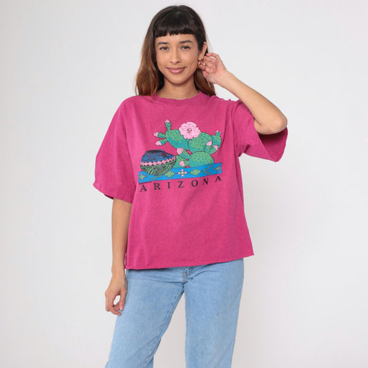 90s Arizona Prickly Pear Cactus Graphic T-Shirt Hot Pink Native American Pottery Extra Large