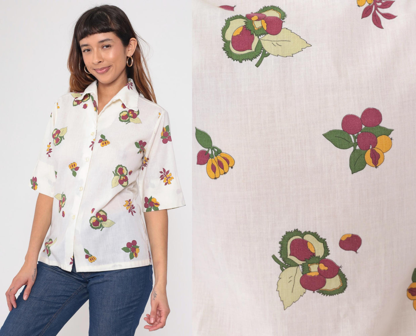 70s Laura Mae Fruit Print Button Up Blouse White Chestnut Medium