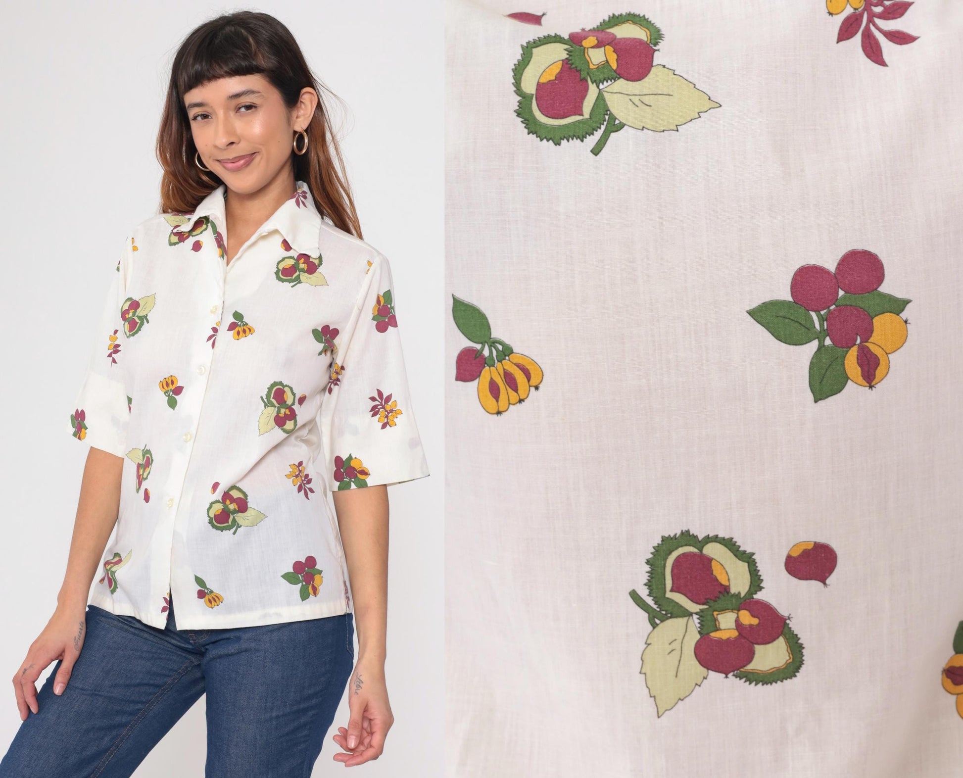70s Laura Mae Fruit Print Button Up Blouse White Chestnut Medium