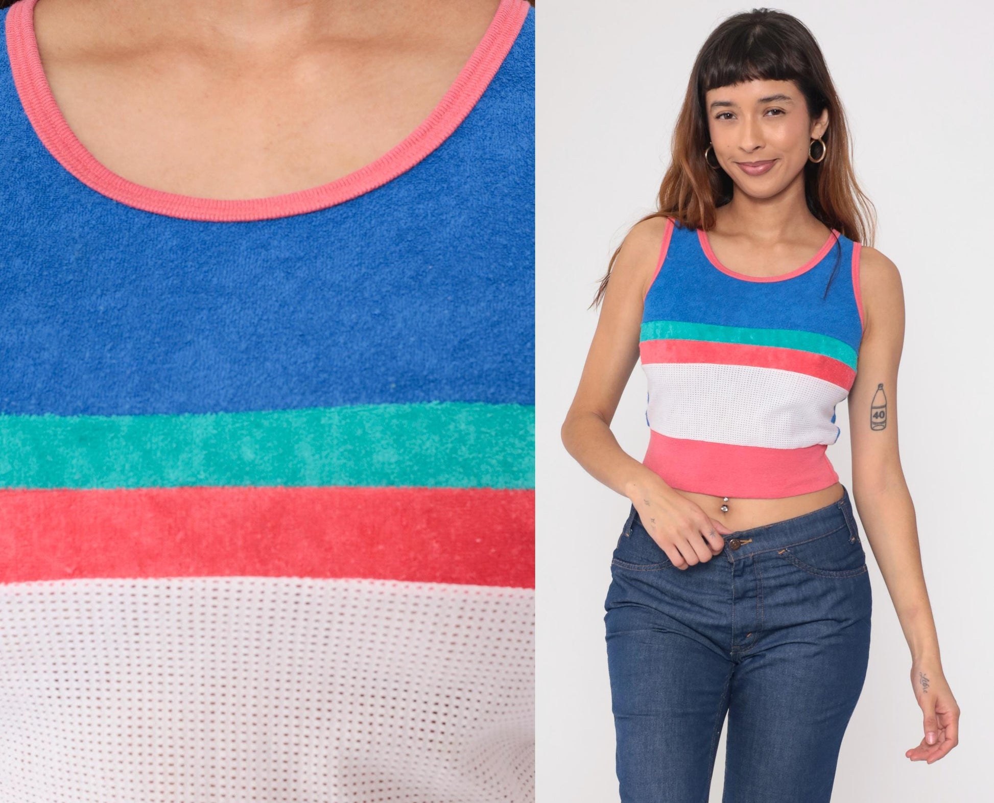 80s Terrycloth Tank Top Striped Blue Coral Mesh Ringer Crop Extra Small