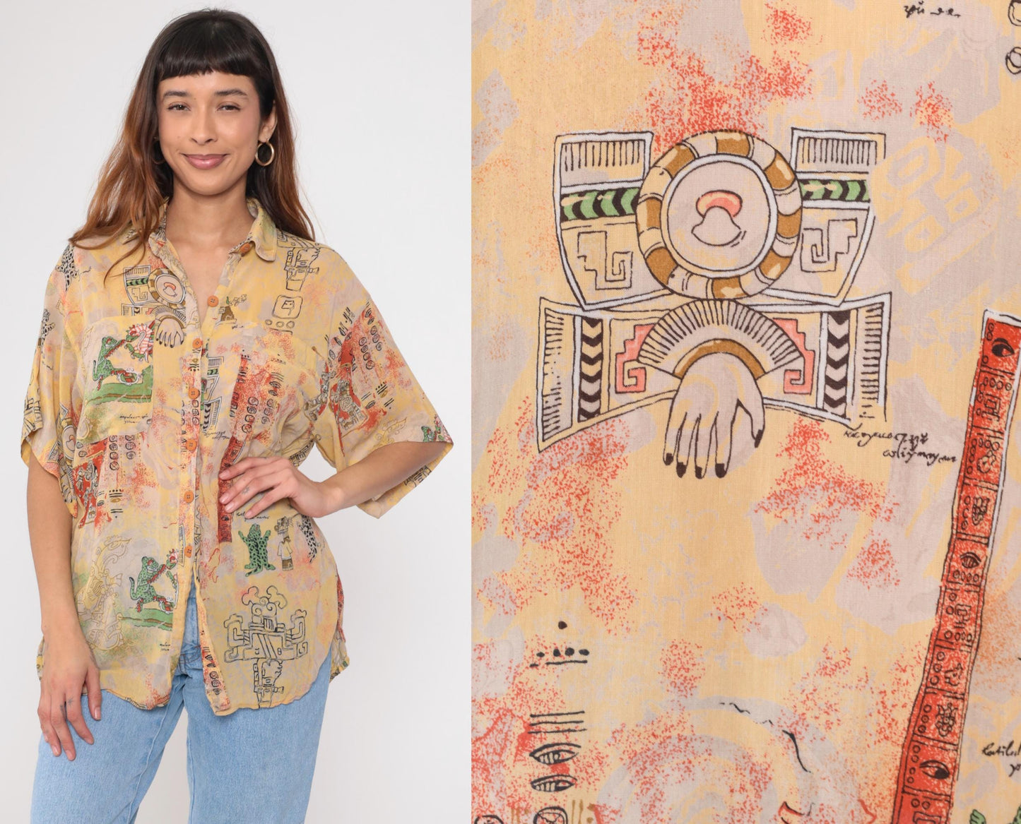 90s Aztec Print Button Down Shirt Yellow Abstract Figures Medium