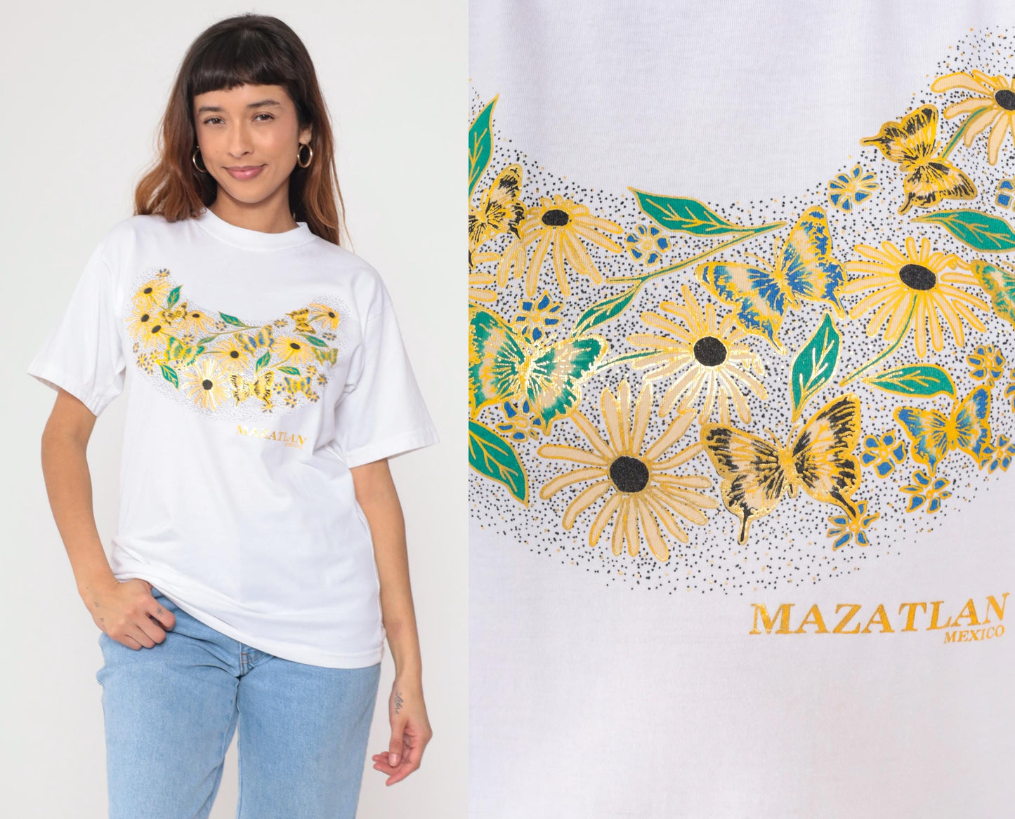 90s Mazatlan Mexico Graphic T-Shirt Metallic Floral Butterfly White Small