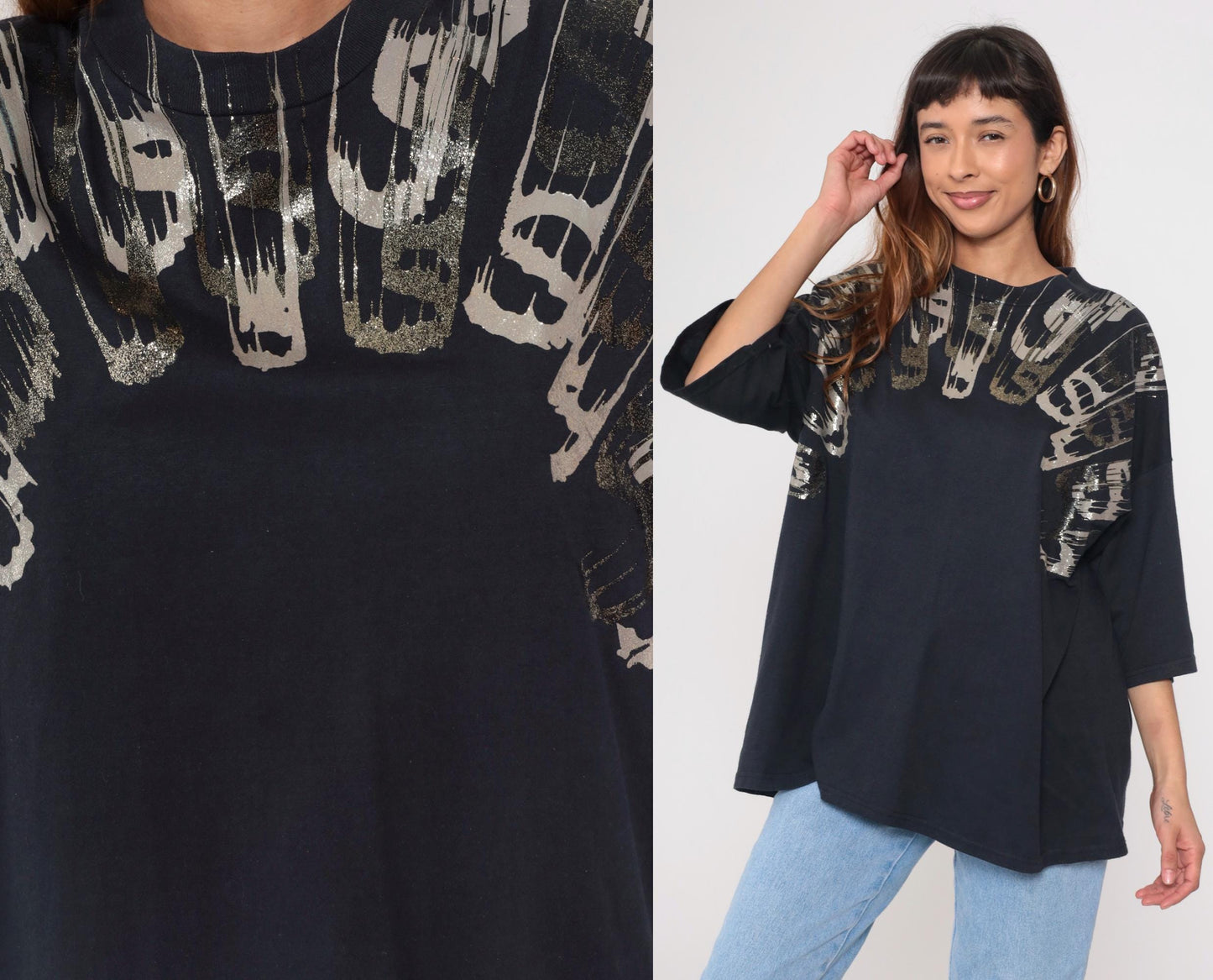 90s Metallic Paint Splatter Graphic Tee Black Abstract One Size
