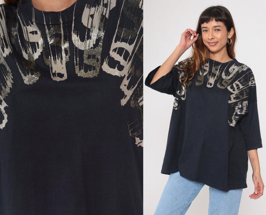 90s Metallic Paint Splatter Graphic Tee Black Abstract One Size