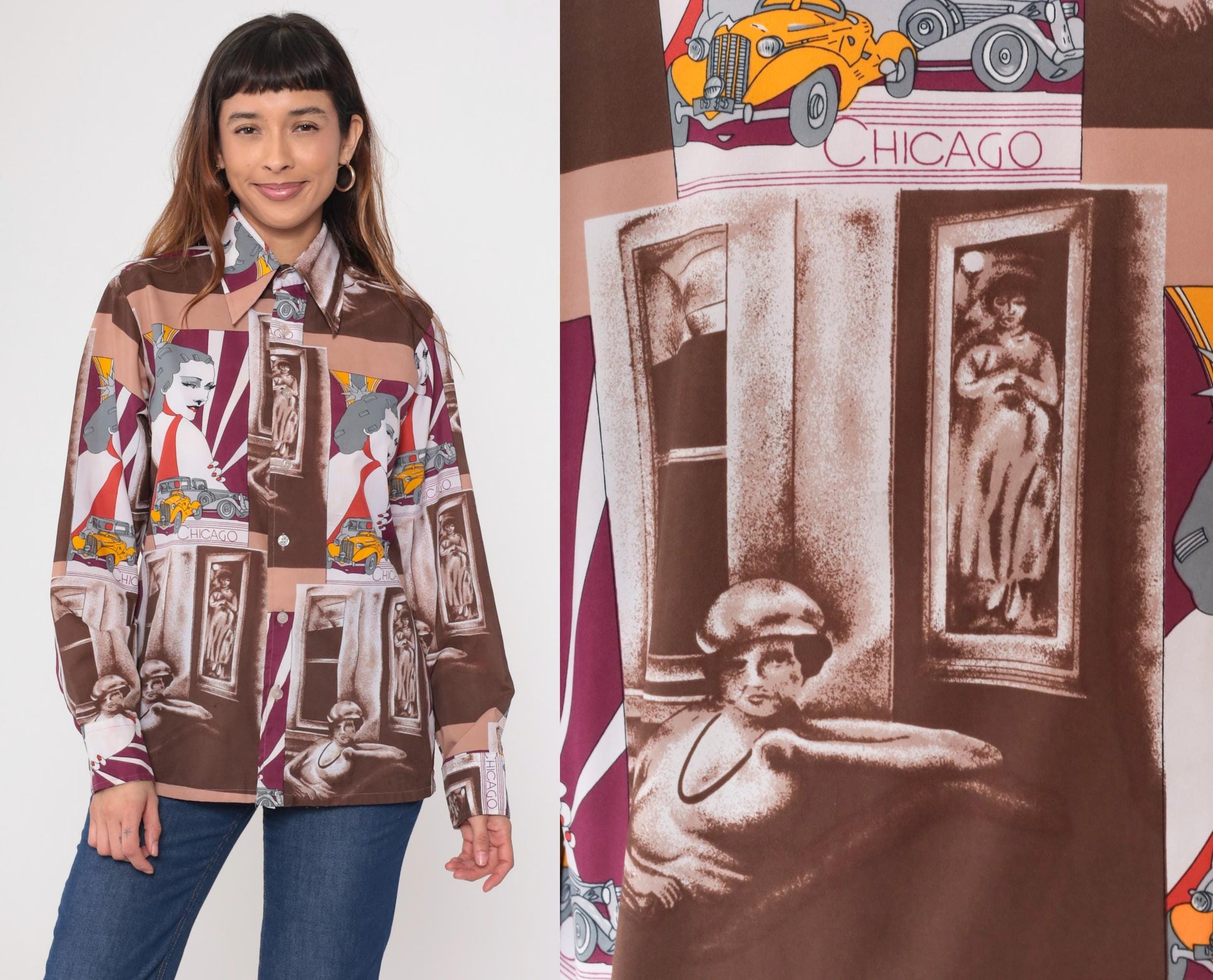 70s Art Deco Chicago Car Print Button Up Shirt Novelty Graphic Medium