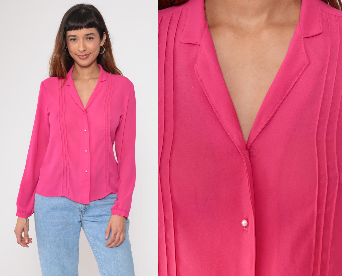 80s Fuchsia Pink Pleated Button-Up Blouse Pearl Buttons Long Sleeve Medium M