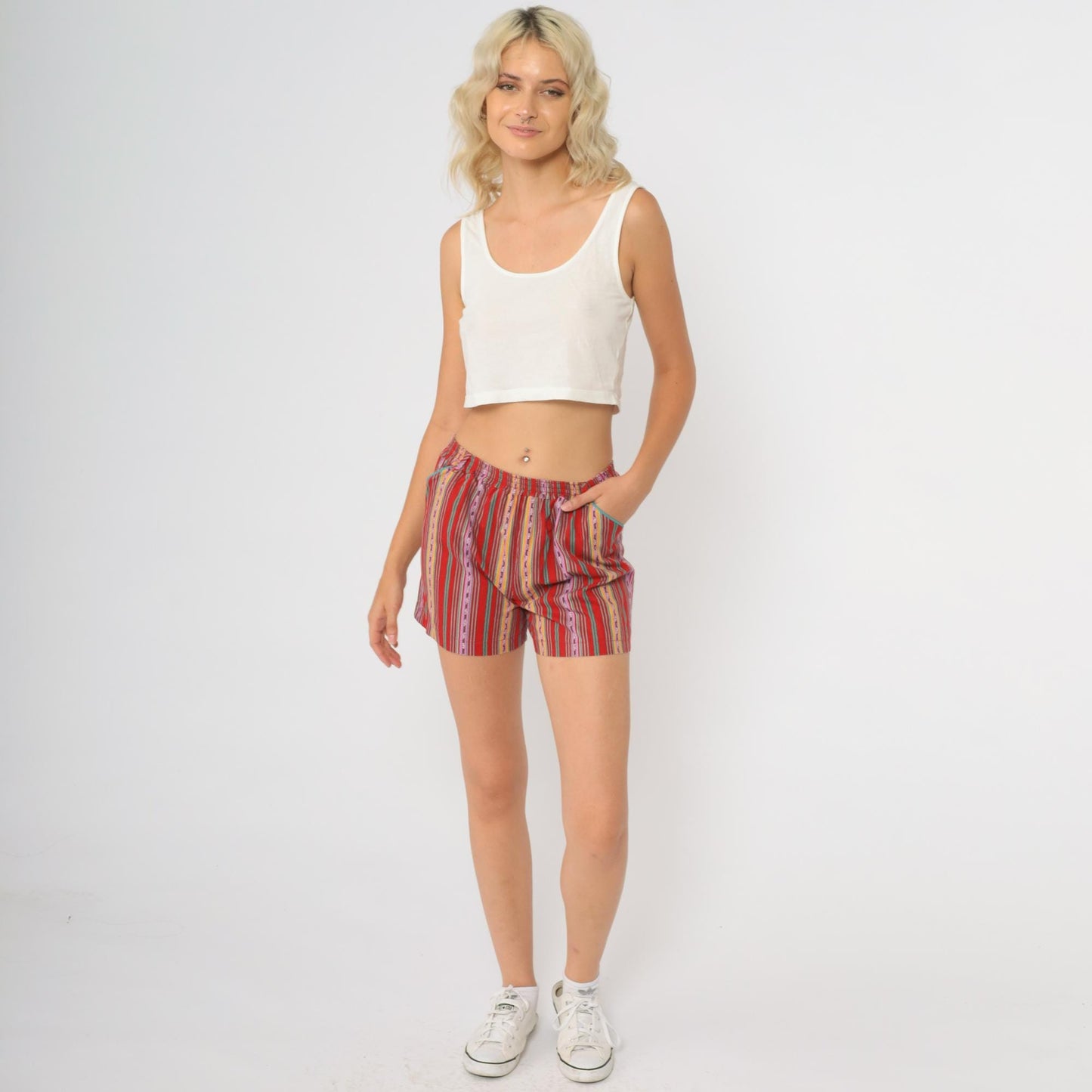 90s Jaspre Multicolor Striped Shorts Red Elastic Waist Cotton High Rise XS