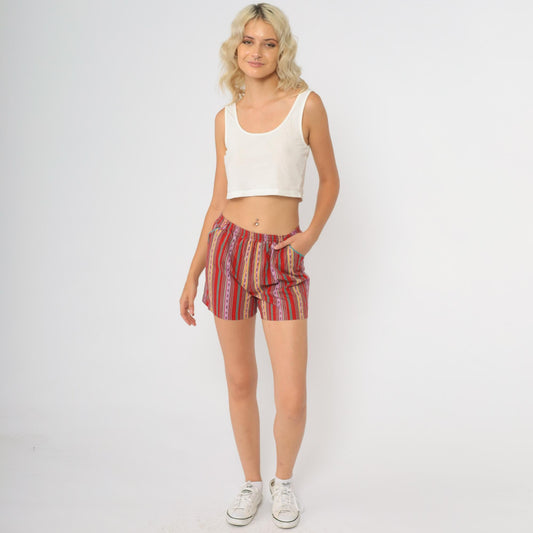 90s Jaspre Multicolor Striped Shorts Red Elastic Waist Cotton High Rise XS