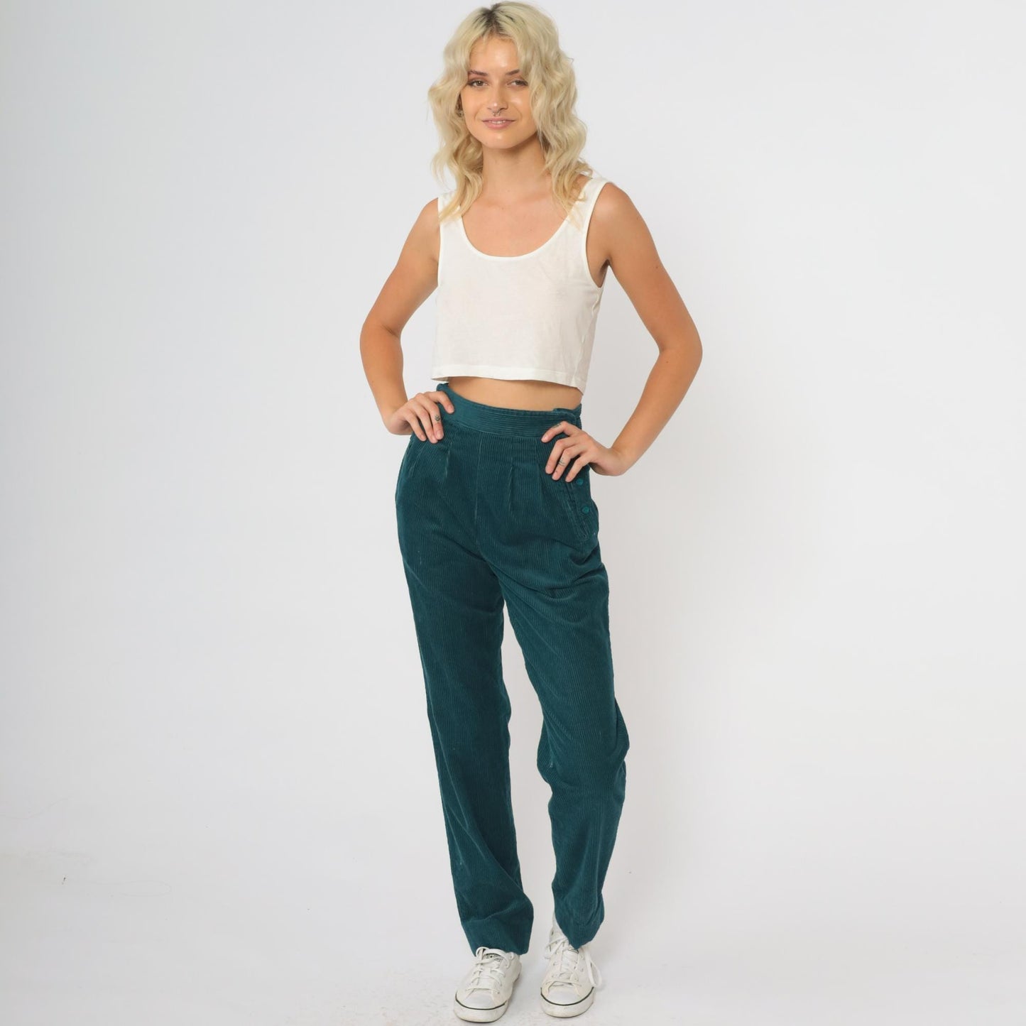 80s Emerald Green Corduroy High-Waisted Tapered Pants Button Fly XS