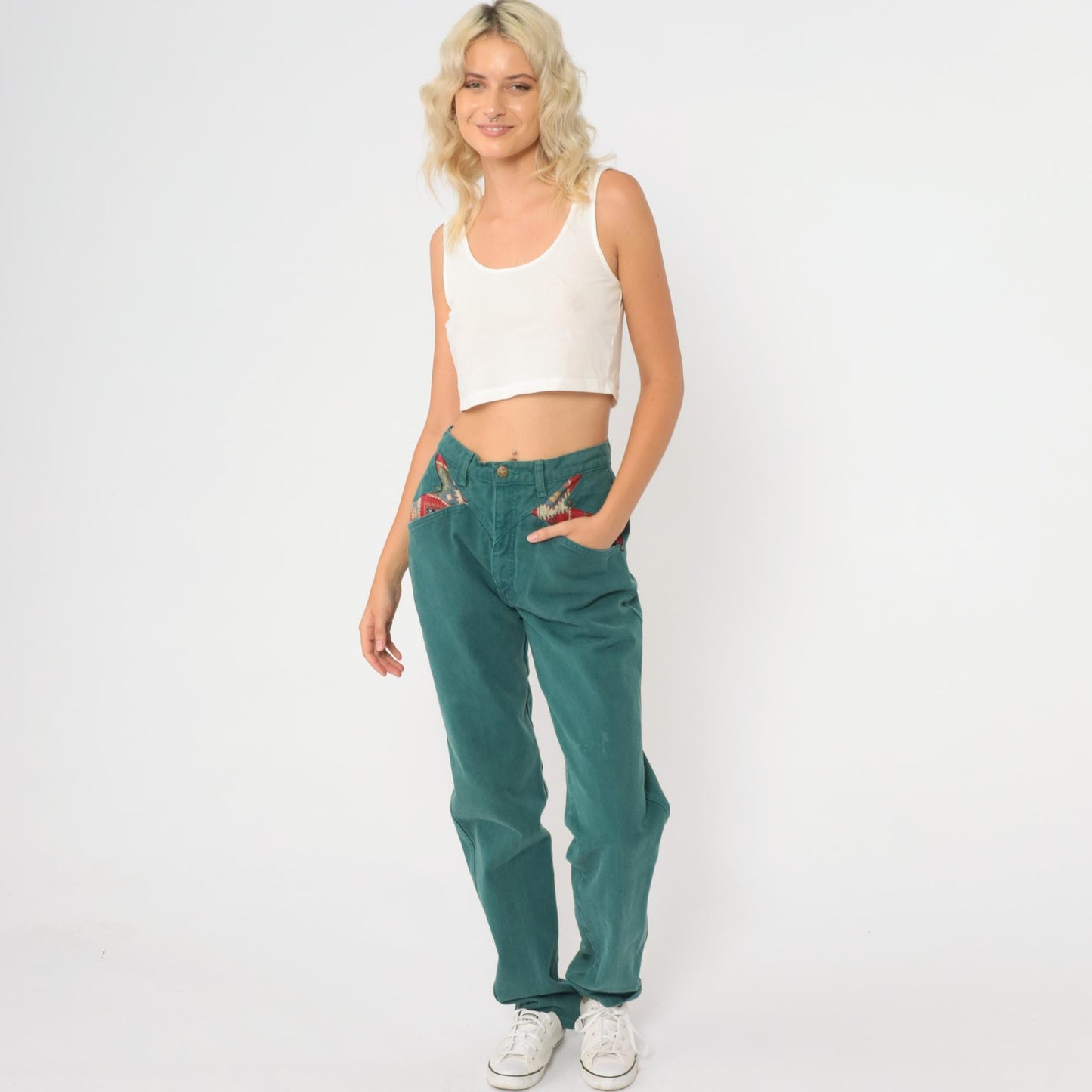 90s Roper Forest Green Denim Jeans Southwestern Patchwork High Waist Small