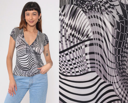 Y2K Op Art Striped Faux Wrap Top Deep V Neck Black Grey White Large L